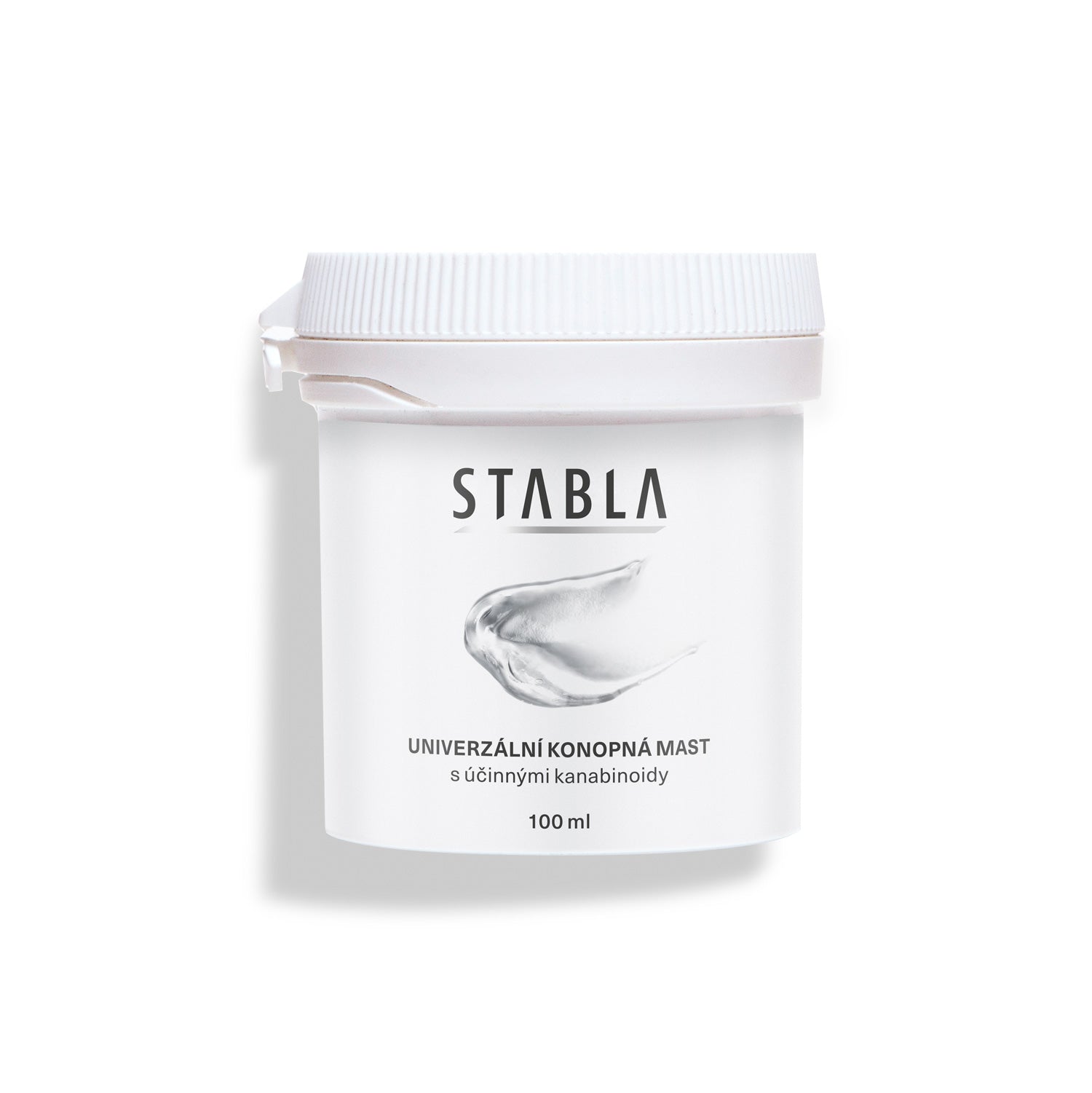 Bílý kelímek univerzální konopné masti STABLA s CBD a CBG, 100 ml